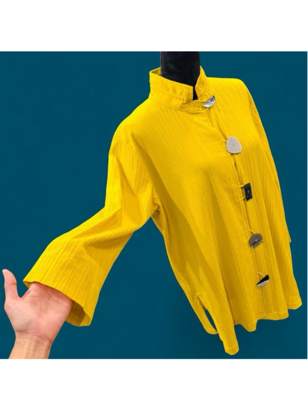 Ali Miles Yellow Textured Cotton Blend Tunic Blouse Size L Artsy Statement Top